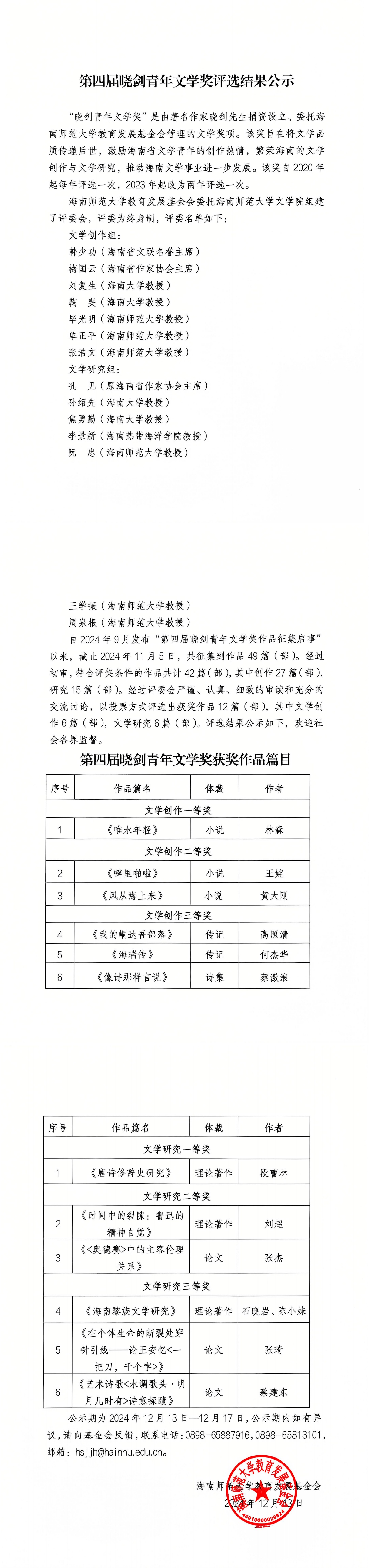 第四届晓剑青年文学奖评选结果公示